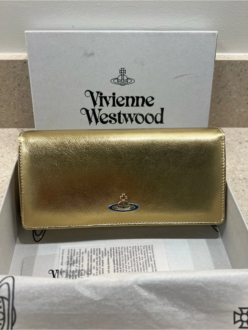 Vivienne Westwood Metallic Gold Leather Flap Wallet with Orb Emblem